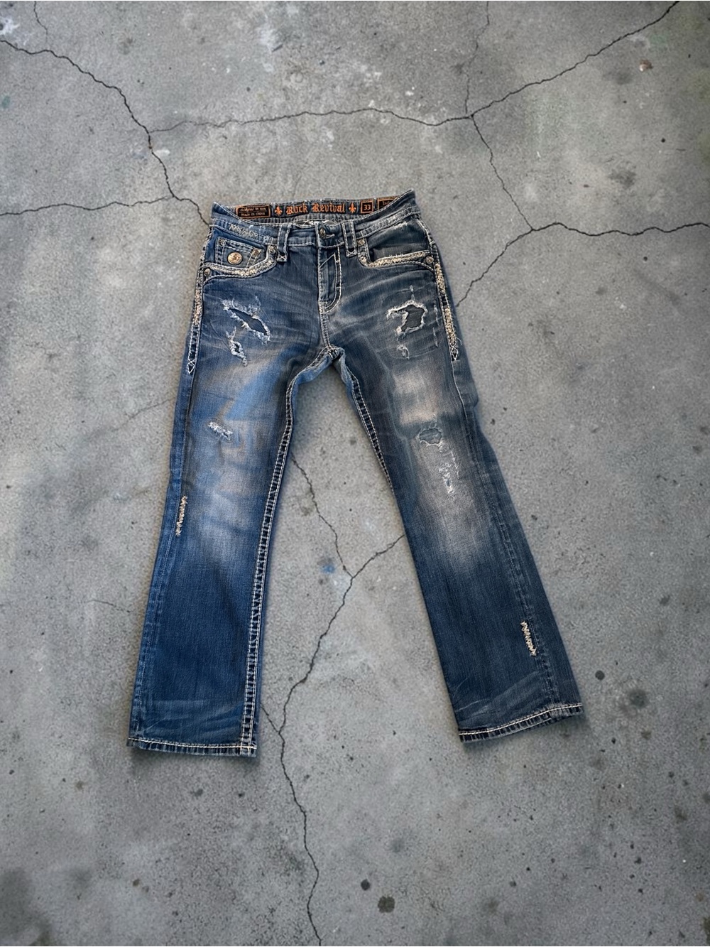 Rock Revival Indus Boot Cut Jeans Men's 33x30 Distressed Blue Denim Thick Stitch